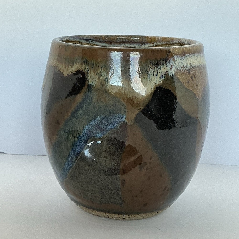 Signed Studio Pottery Tumbler Cup Stoneware Blue Brown Drip Glaze Handmade JS