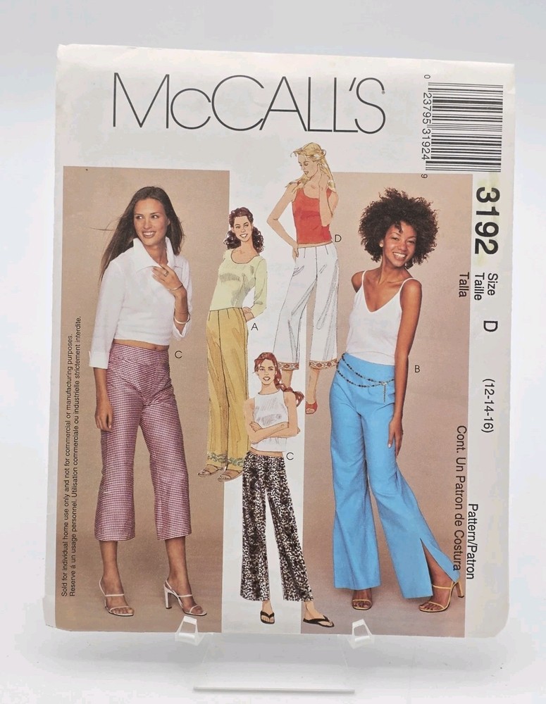 McCalls Sewing Pattern 3192 Misses Size 12-16 low Rise Flared Pants 3 Lengths UC