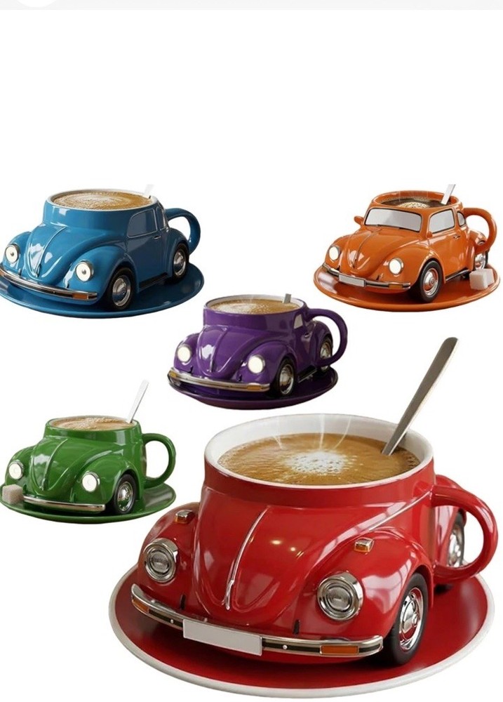 Ceramic Volkswagen Beetle Car Figural Mug & Saucer Set 12 fl oz, 2-Piece