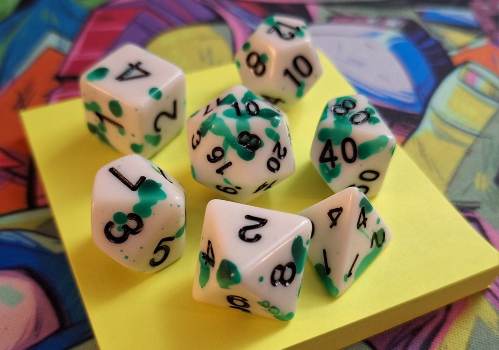 Set of 7 White w/ Green Speckle Dice - Polyhedral Dice for RPG DND