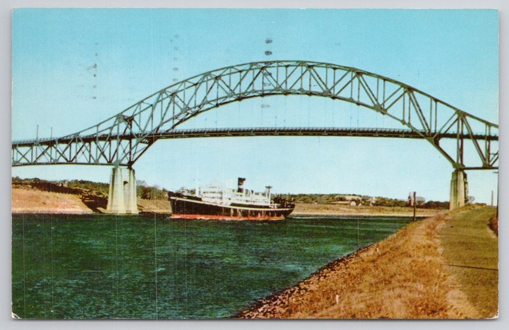 1959 Sagamore Bridge Cape Cod Canal MA Ship Curteichcolor Postcard