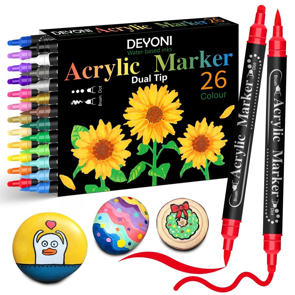 DEYONI Dual Tip Acrylic Paint Pens, 26 Colors, Medium and Brush Tips, Ideal f...