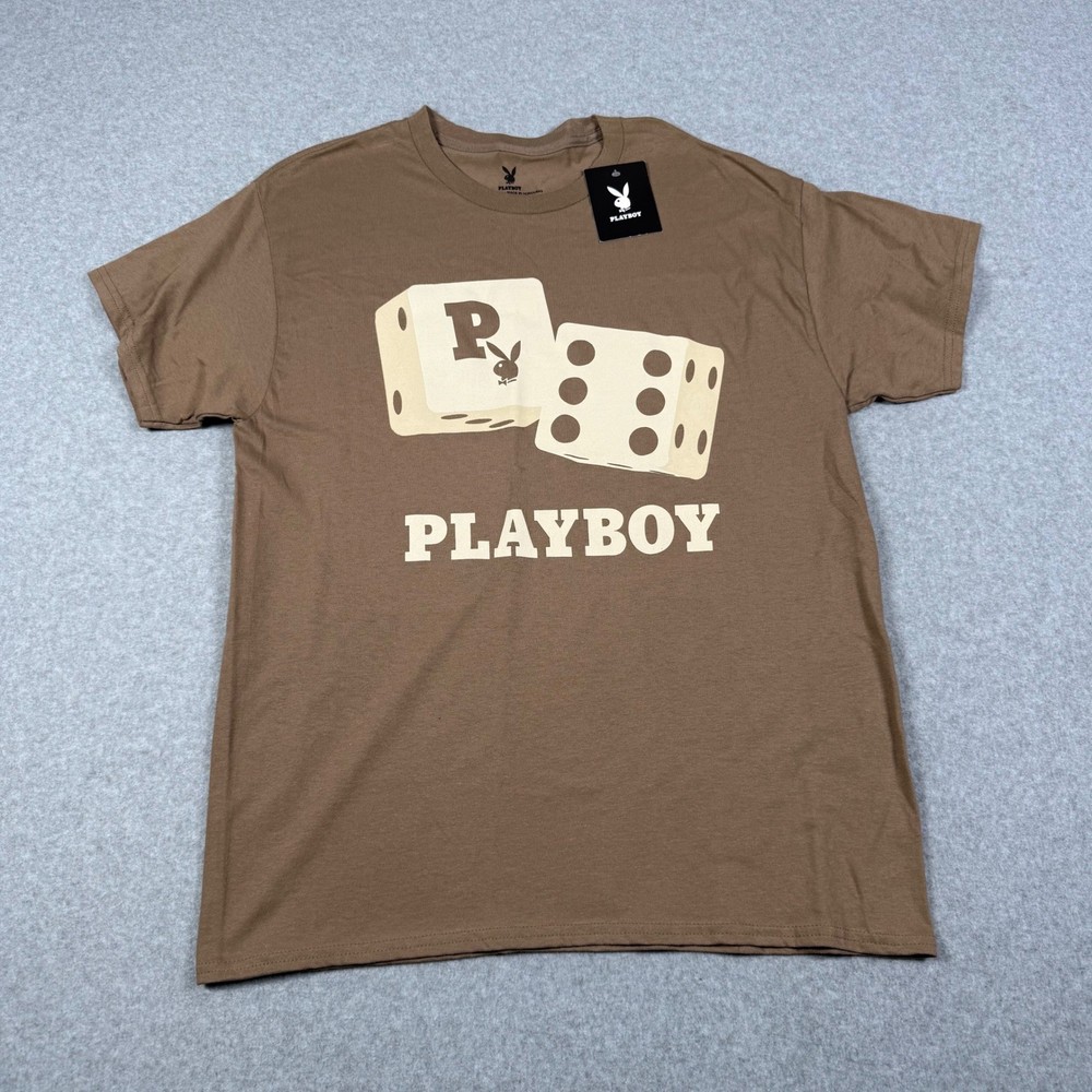 Playboy Mens Graphic T-Shirt Brown Dice Rabbit Logo Short Sleeve Tee Large NEW