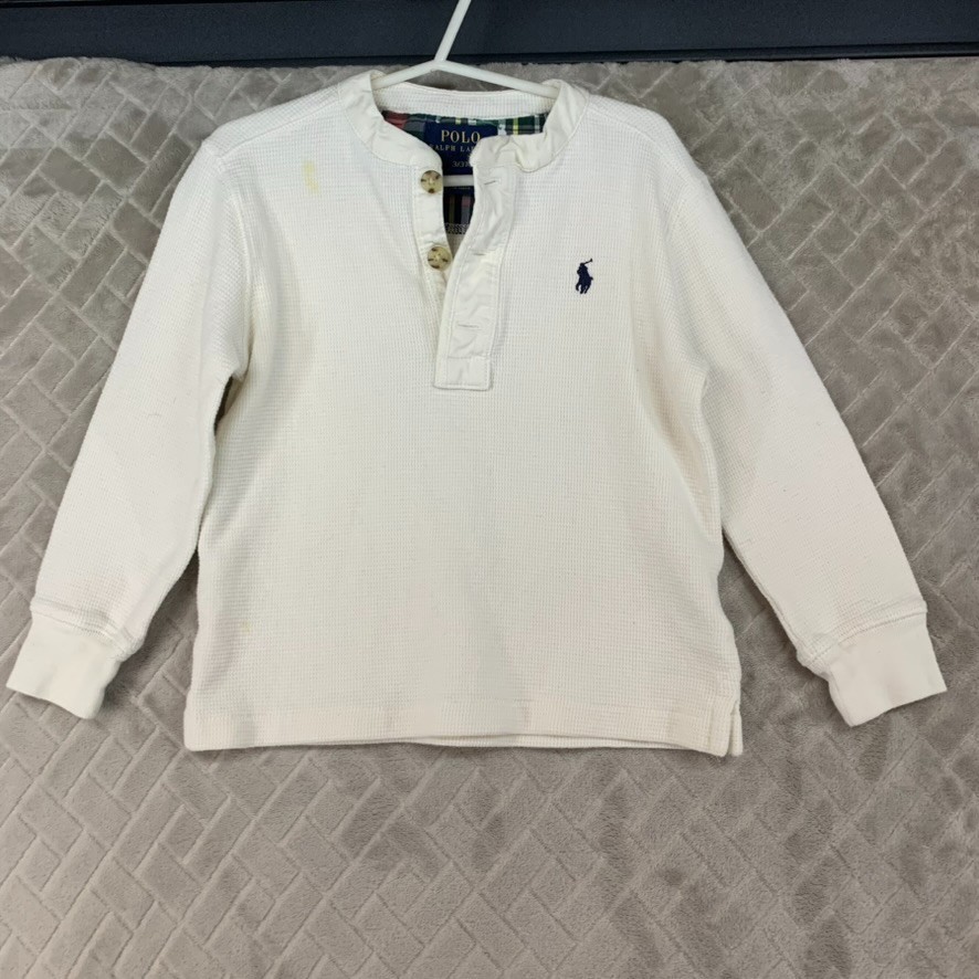 Polo Ralph Lauren Shirt Boys 3T White Waffle Knit Thermal Henley Long Sleeve
