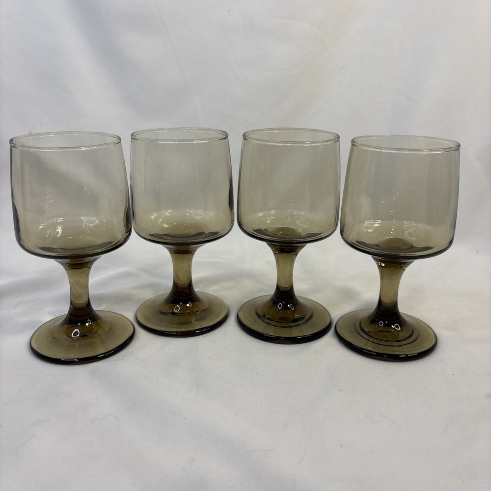 4 Vintage MCM Libbey Tawny Accent Wine Glasses Smokey Amber 70s Retro Stemware
