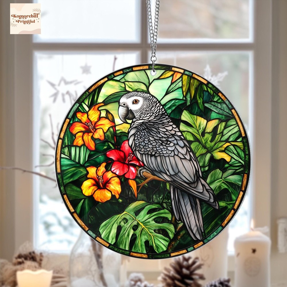 African Grey Parrot Acrylic Window Hanging Grey Parrot Wall Hanging Bird Lovers