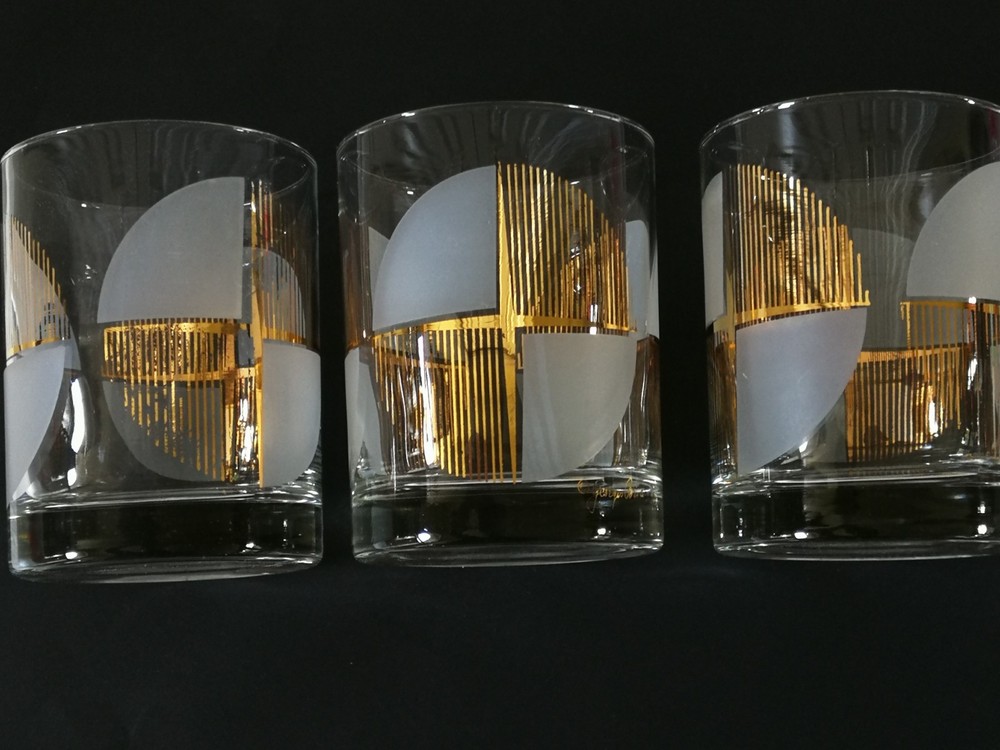 Vtg Set of 3 Signed GEORGES BRIARD Gold String Lowball Glasses