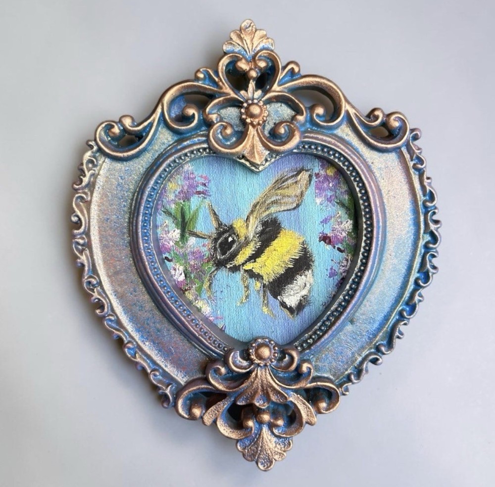 Bumblebee & Lavender miniature art watercolor print in vintage ornate frame