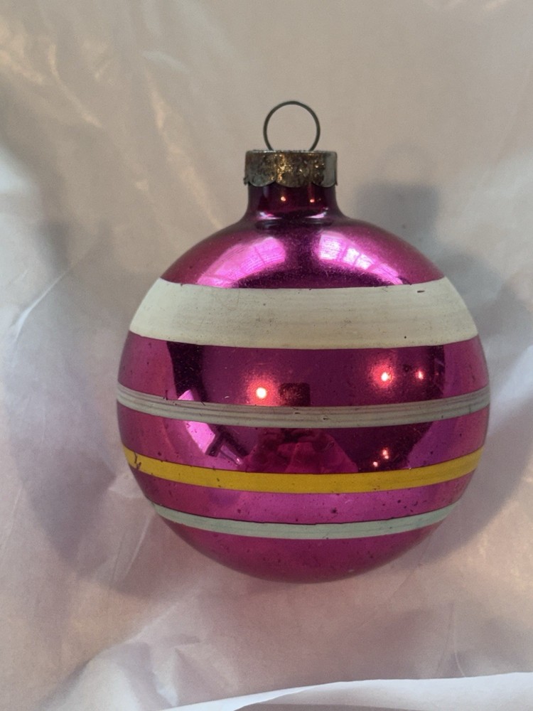 Vintage Christmas Shiny Brite Hot Pink Striped  Mercury Glass Ball Ornament 3