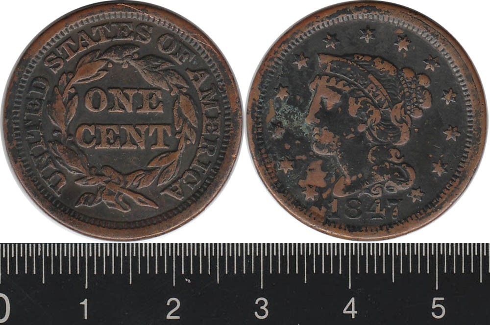 USA: 1847 One Cent Liberty Head Braided Hair 1c.  aEF Cat  VF US$85, EF US$115