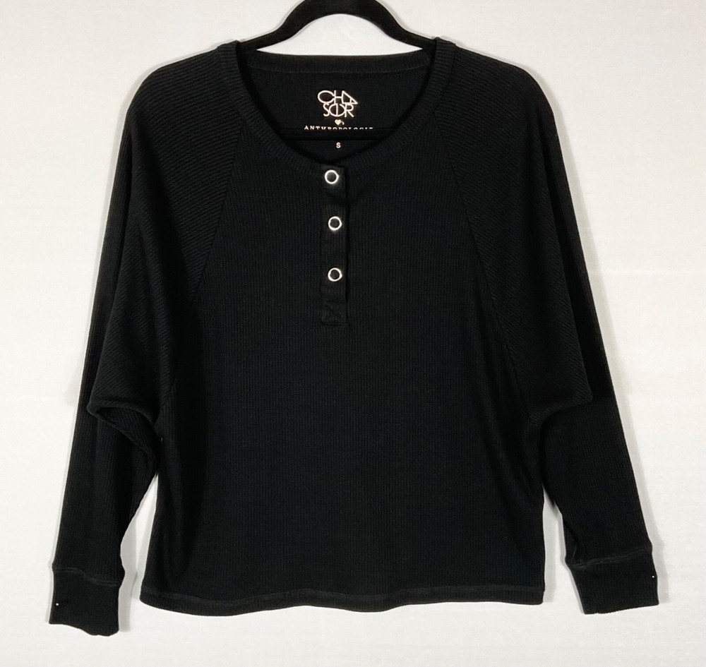 Chaser Anthropologie Top Womens Sz Small Black Ribbed Henley Long Sleeves