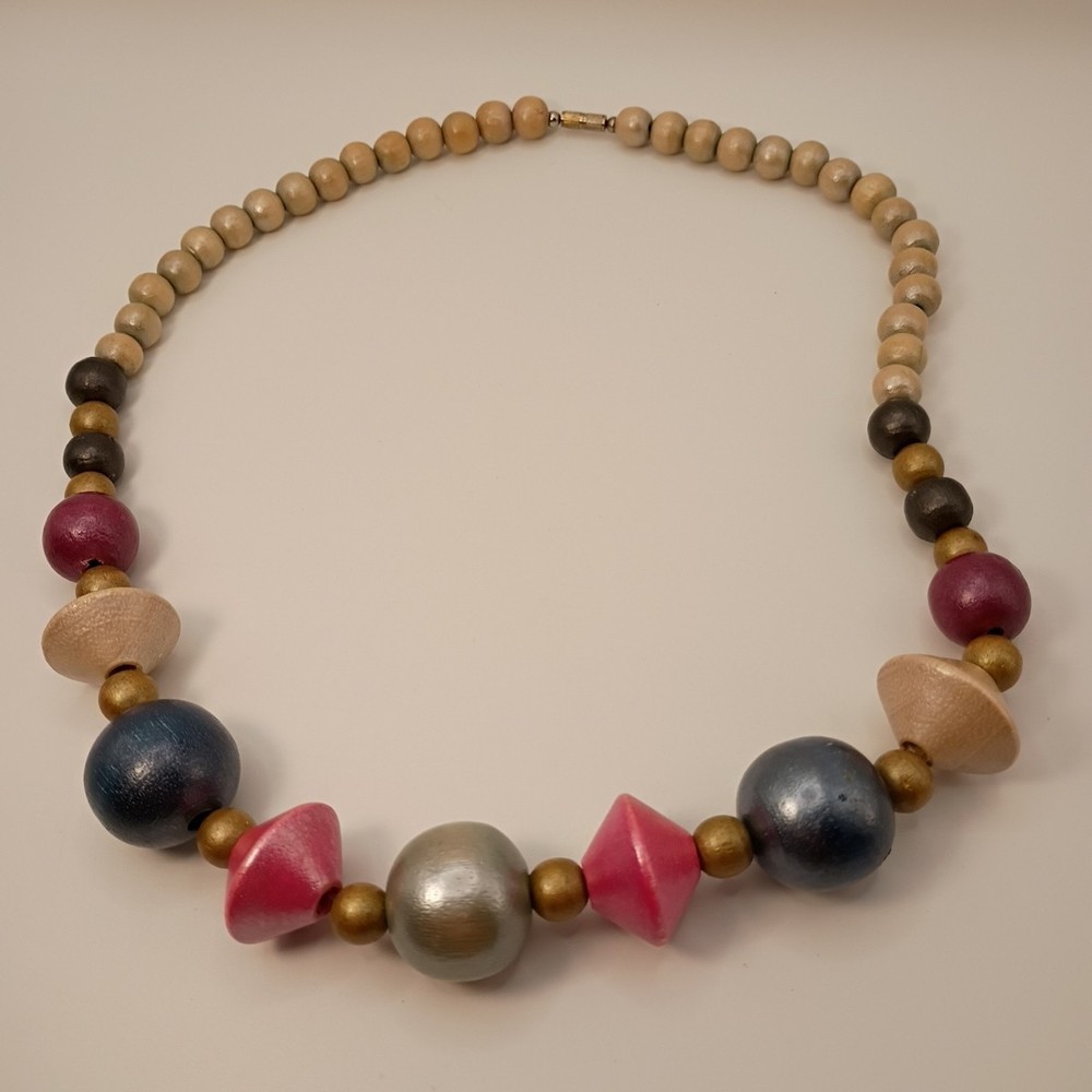 Vintage Boho Wood Beaded Necklace Multi Color Metallic Finish 22