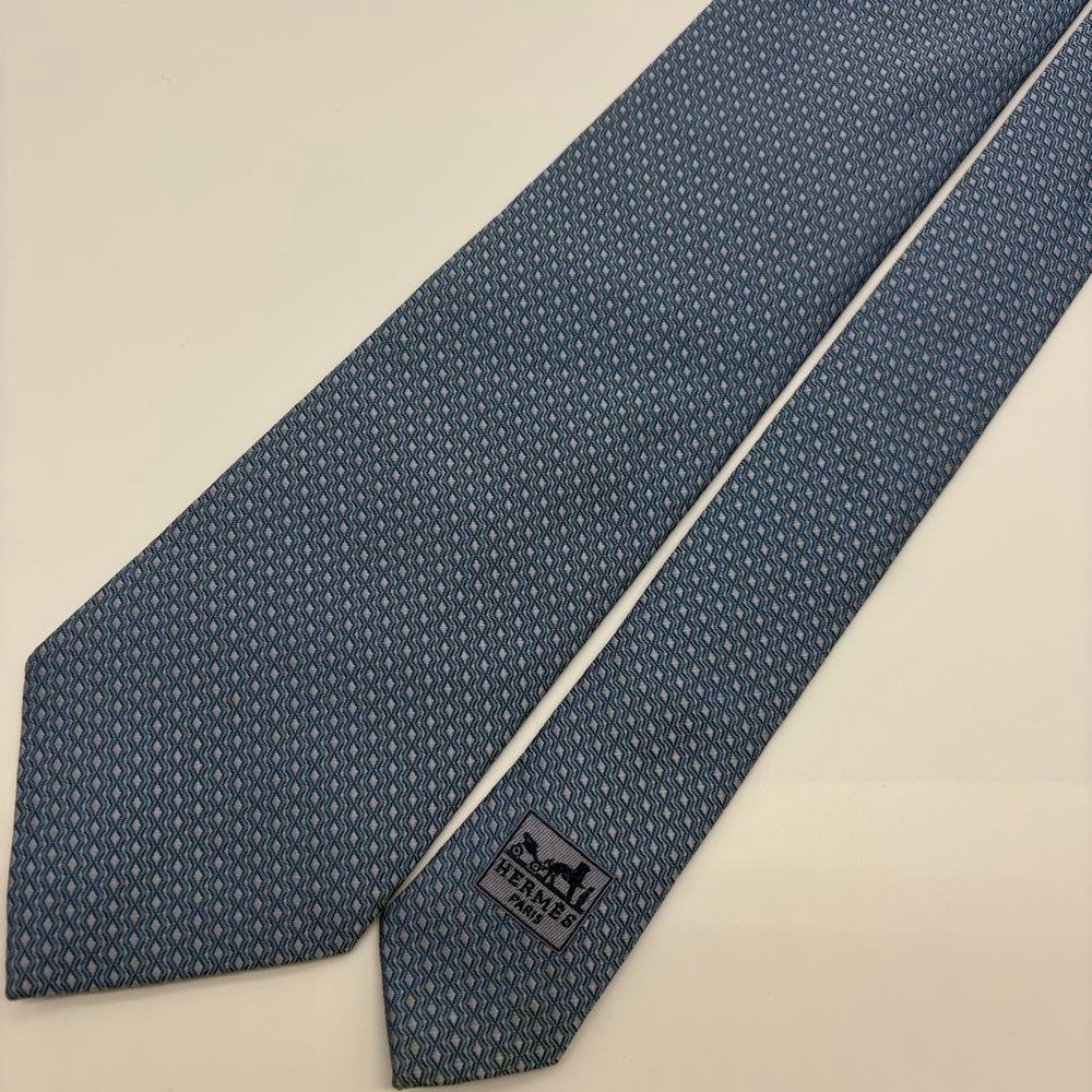 HERMES Necktie Tie Navy Authentic Geometric Made in France Men's 100% Silk Used