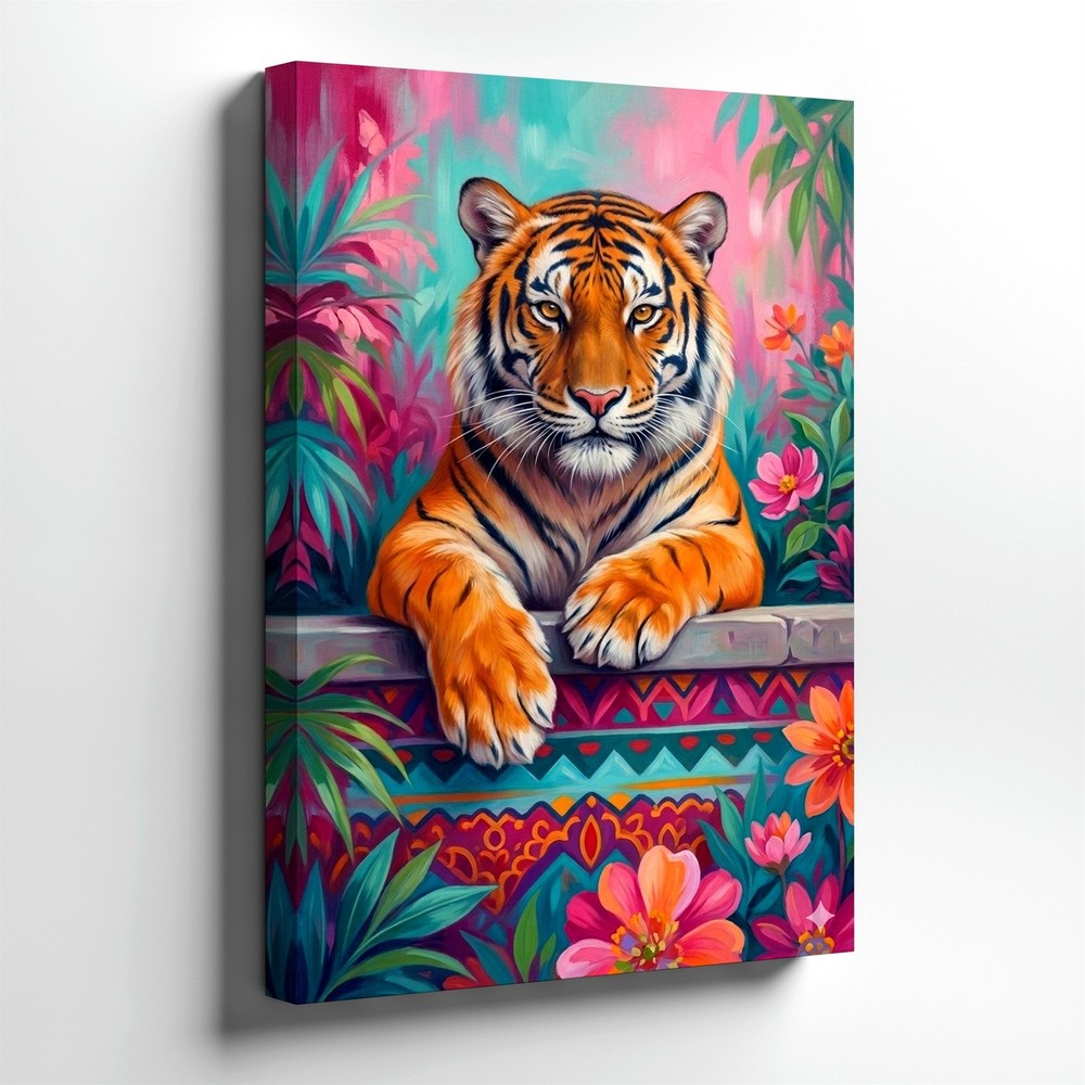 Wall Art Colorful Tiger Painting Tropical Floral Jungle Animal Canvas Print