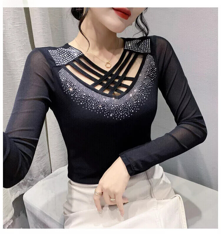 Womens Rhinestone Cross Strap Mesh Slim Cocktail Party Blouse Western Shirt Tops
