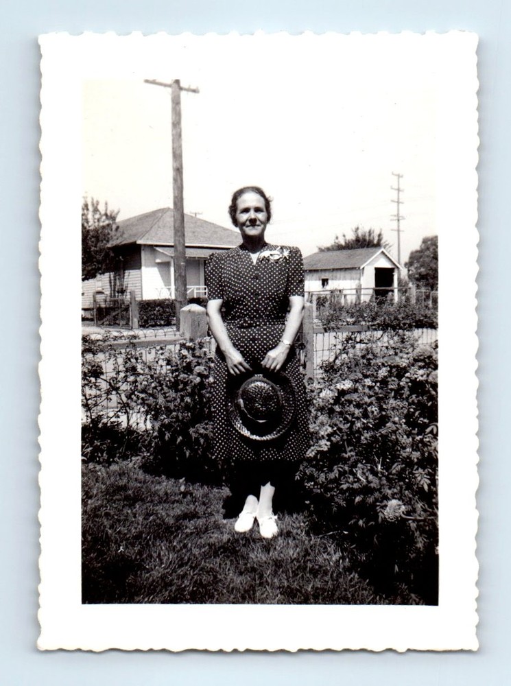 Old Vintage Photo SOLO WOMAN POLKA DOT DRESS HAT TELEPHONE POLE YARD STREET