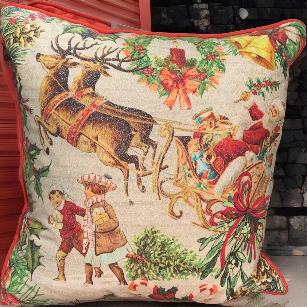 Retro Christmas Holiday Santa Sleigh Reindeer And Children Accent Pillow-image