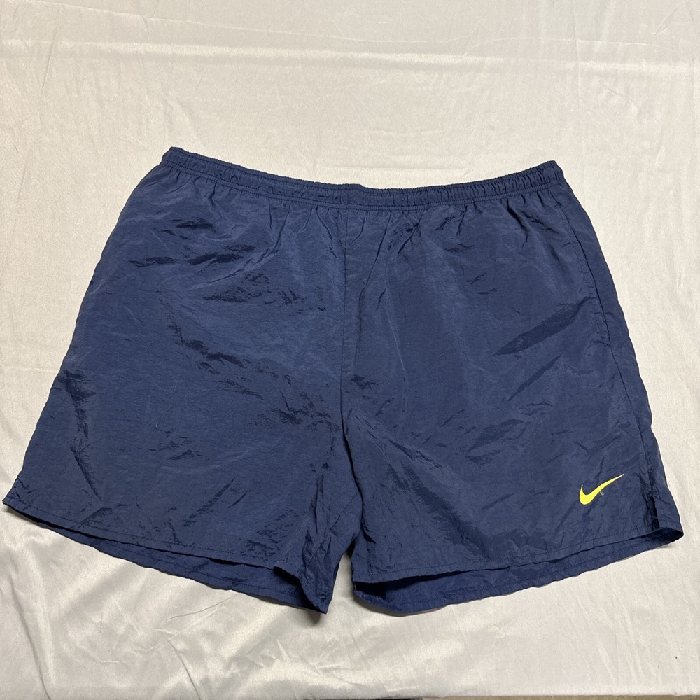 Vintage 90s Nike Big Swoosh Nylon Shorts Men’s Size XL Mesh Lined Blue Yellow