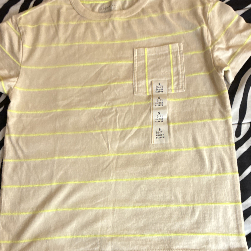 Cat & Jack Boys Striped Pocket T-Shirt S (6-7) Beige/Yellow Crew Neck