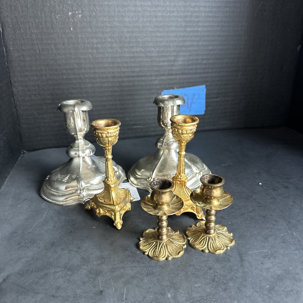 VTG Mixed Candlestick Holders Lot of 6 Brass Silver Tone Mini Candleholders#R121