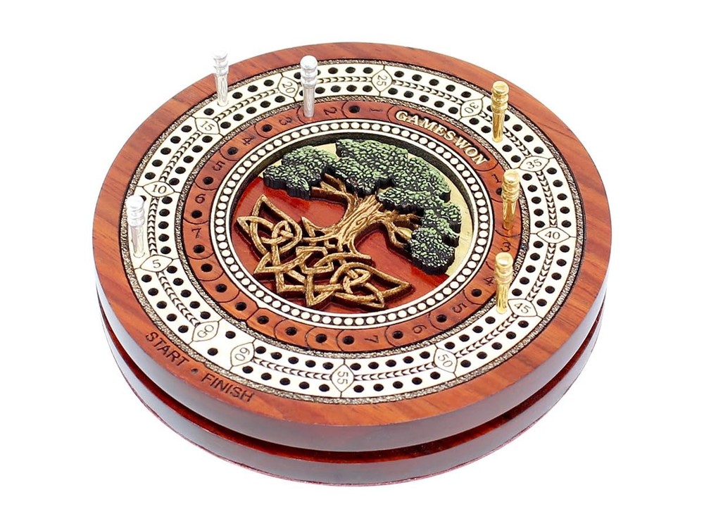 House of Cribbage - 2 Track 60 Points - Tree of Life Inlaid Wooden Travel/Poc...