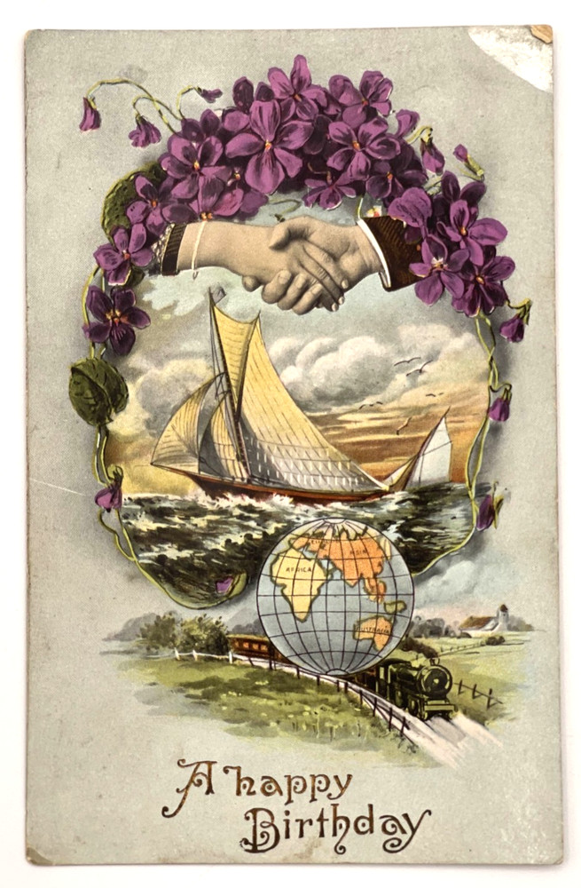 1915 Birthday Postcard Globe Train Ship Handshake Mannheim PA Cancel