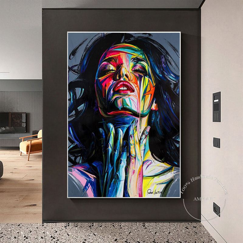 Abstract Woman Face Graffiti Street Art Handmade Oil Painting on Canvas Wall-image