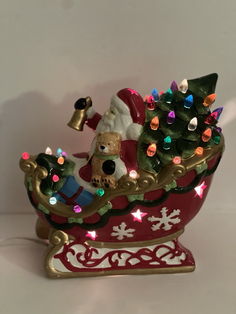 2000 Christmas Santa in Sleigh W Tree Bell Accent Multi Color Lighted Electric-image