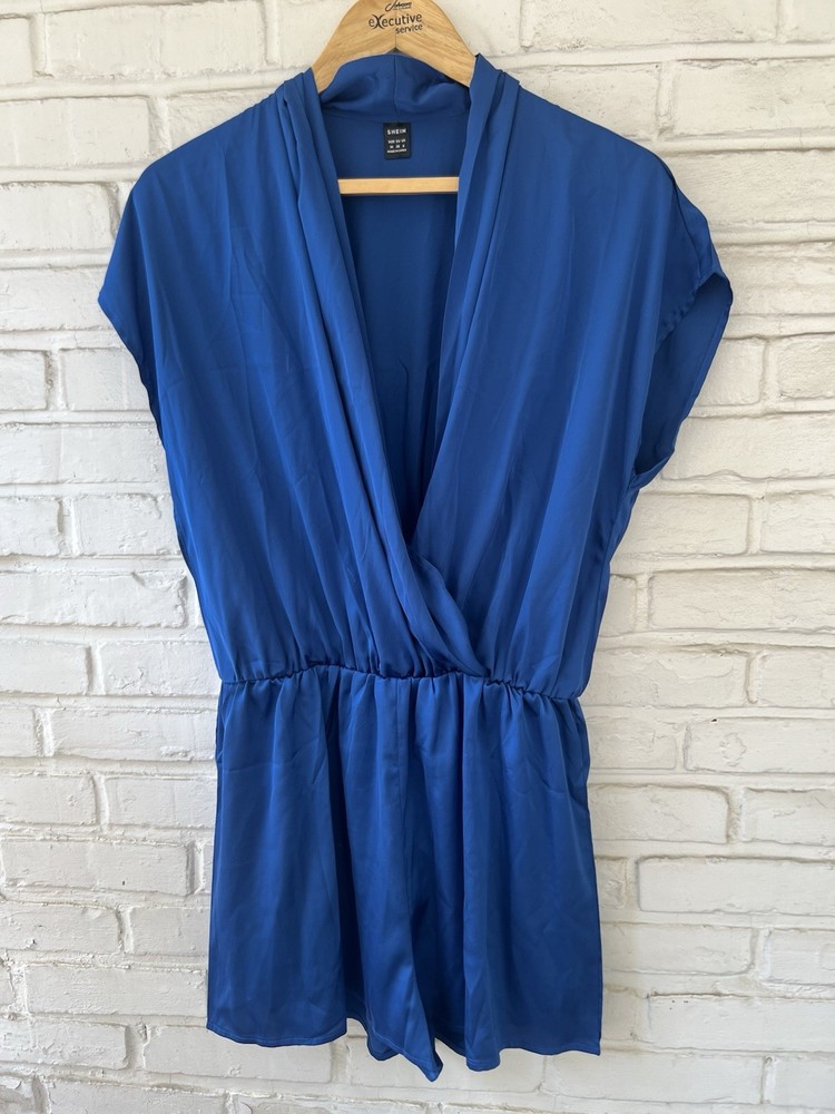 Bright Blue Silk Short Sleeve Low Neck Romper Size Medium