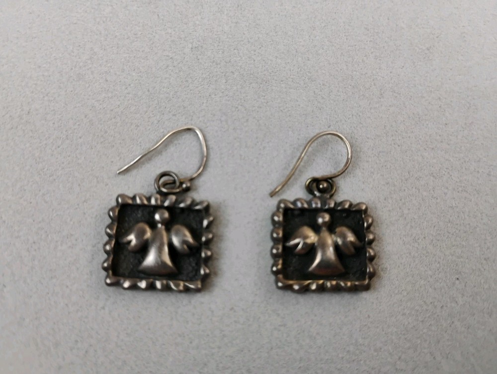 Vintage Aged Sterling Silver Angel Vtg Earrings Dangle Drop Rectangular 8.64g