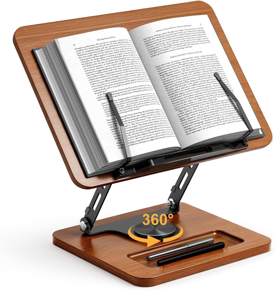 Book Stand for Reading, 360° Rotating Hands Free Book Holder, Adjustable Height