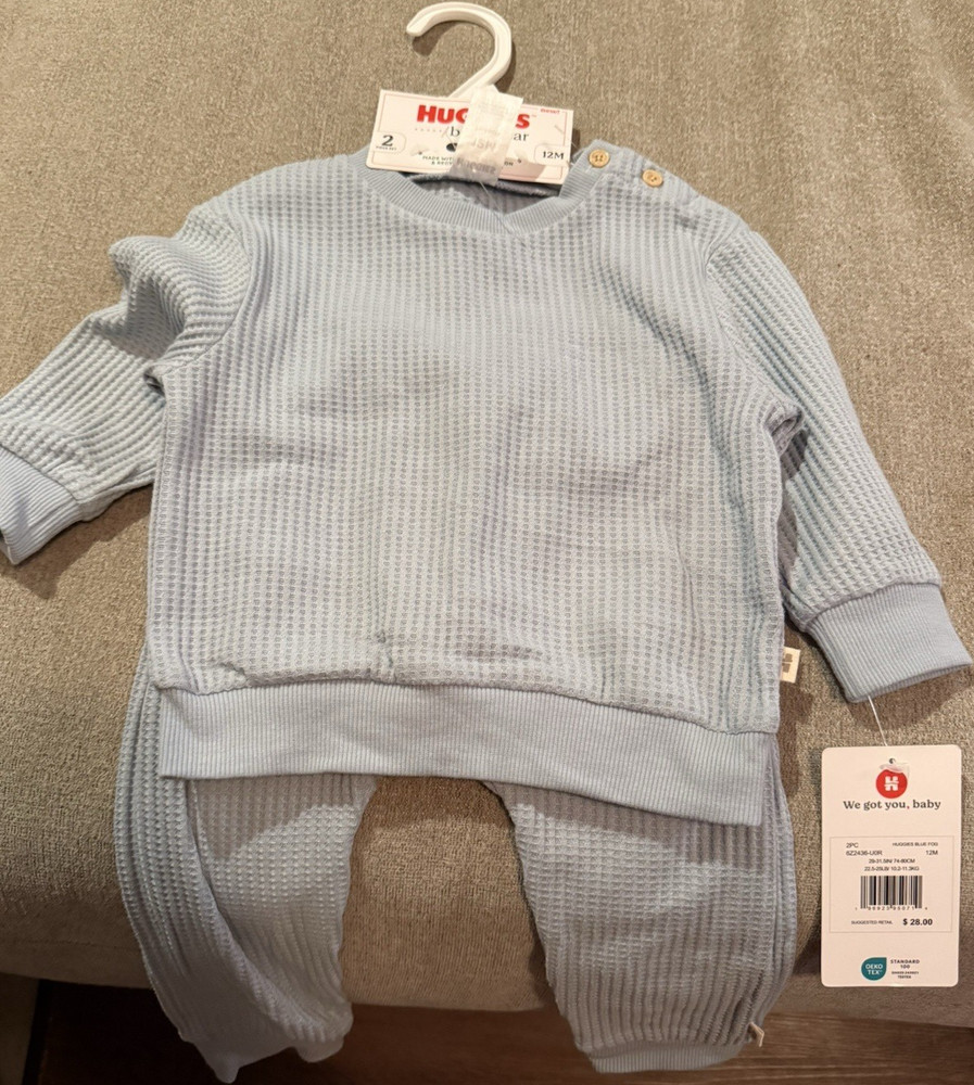 HUGGIES Baby Waffle Knit Cotton One-Piece Romper 12M Blue Long Sleeve