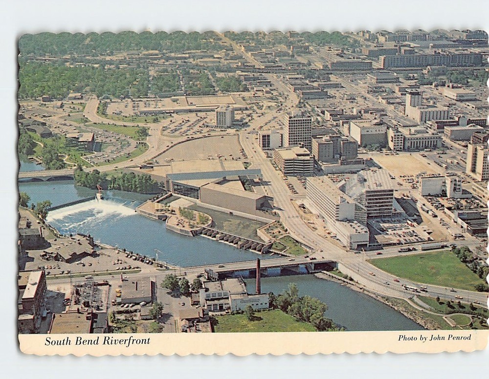 Postcard Aerial View South Bend Riverfront Indiana USA