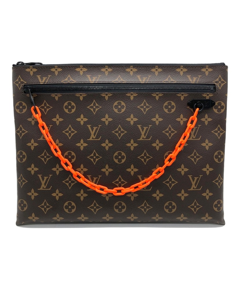 Louis Vuitton Monogram Clutch Pochette Bag w/ Neon Orange Chain  Brown Men
