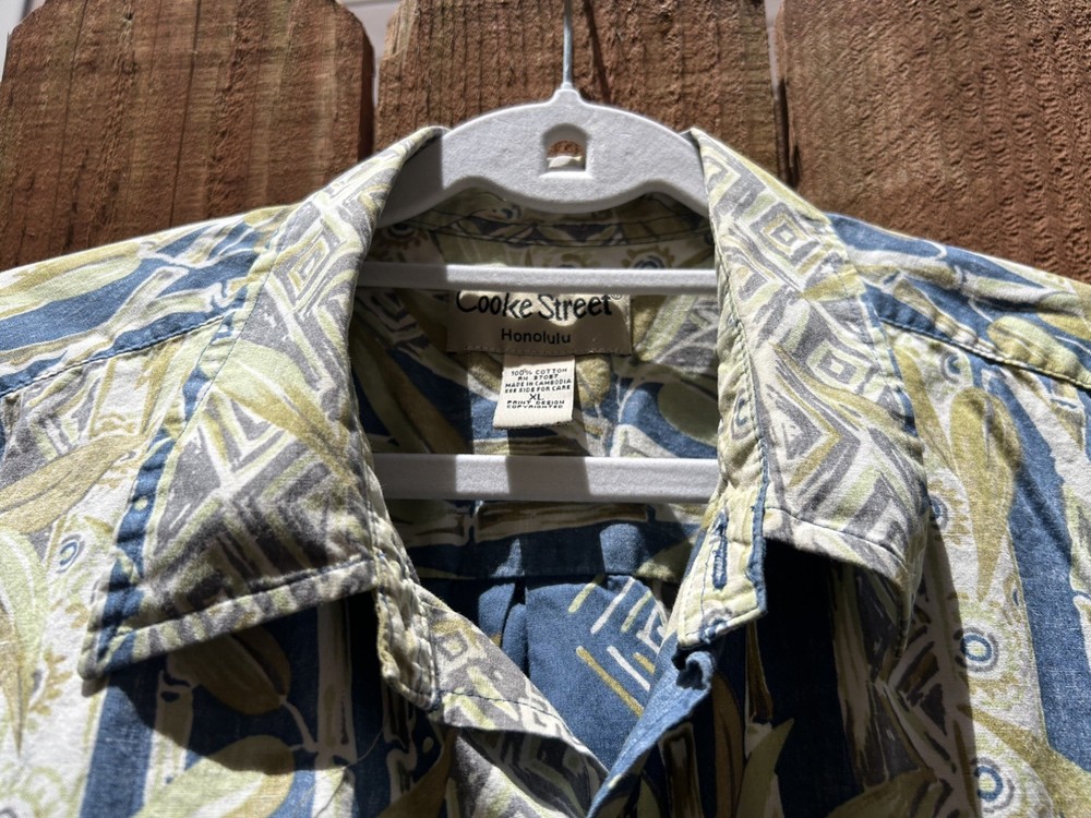 Vintage Cooke Street Shirt Mens XL Blue Bamboo Leaf Aloha Hawaiian