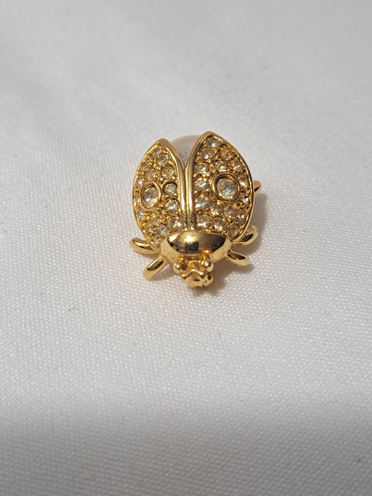 Vintage Napier  Ladybug With Rhinestones & Faux Pearl Brooch Pin Gold Tone