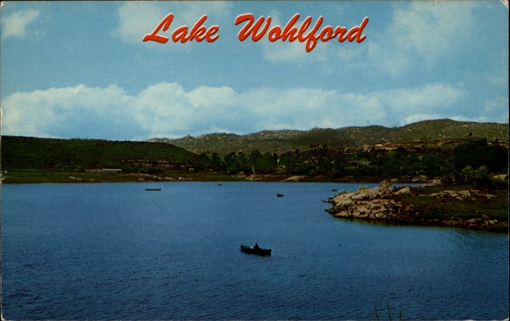 Lake Wohlford California aerial view boats ~ 1950-60s vintage postcard