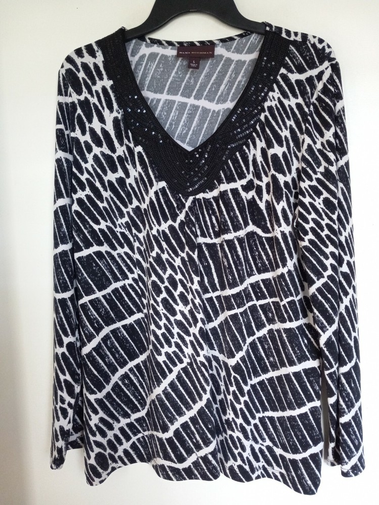DANA BUCHMAN Womens V Neck Sequin Blouse Top Stretch Size Large
