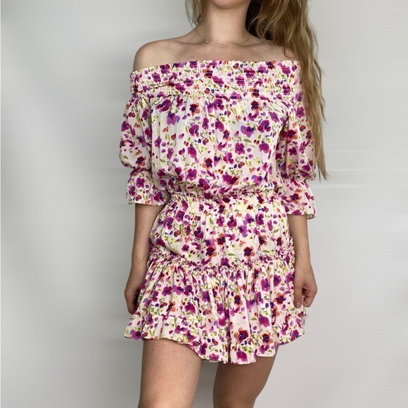 MISA Los Angeles X Revolve Darla Dress in Fuchsia Floral Mini Dress Off Shoulder