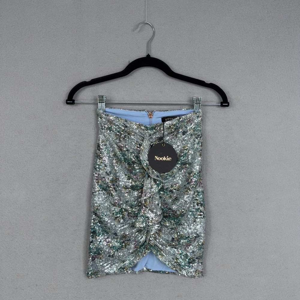 Nookie Skirt Womens XS Forever Blue Sequin Ruched Knot Front Mini Party Cocktail