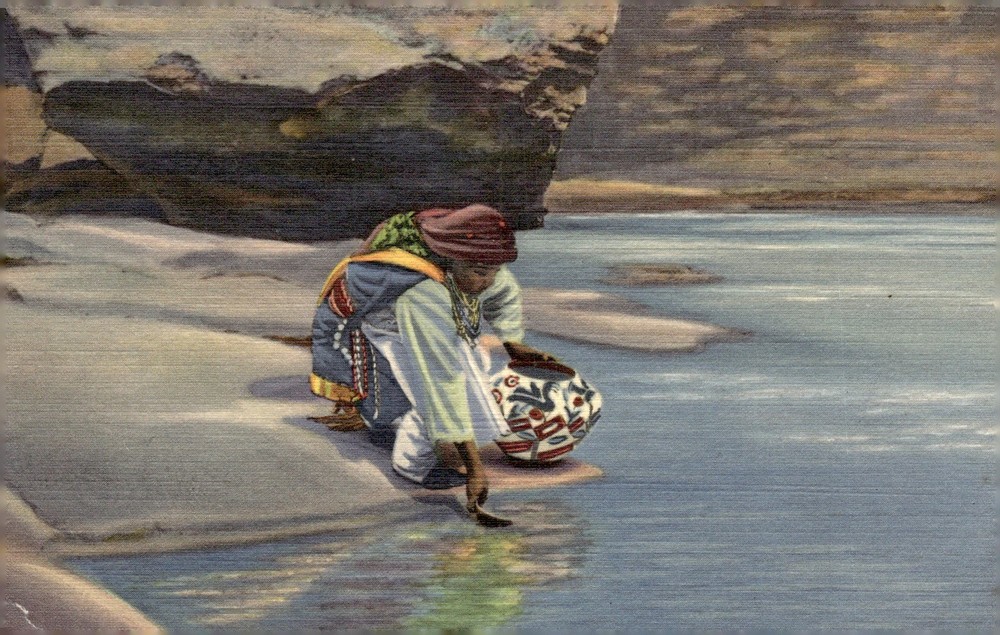1930s Acoma Pueblo New Mexico Native American Woman Linen Art Colortone Postcard