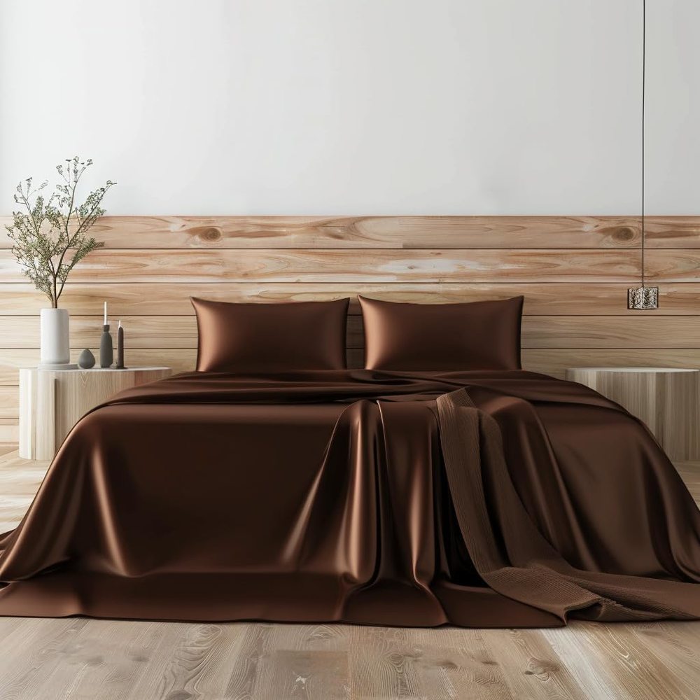 Queen Satin Sheets Set 4 Pcs Soft Pillowcase Flat & Fitted Hotel Luxury Brown