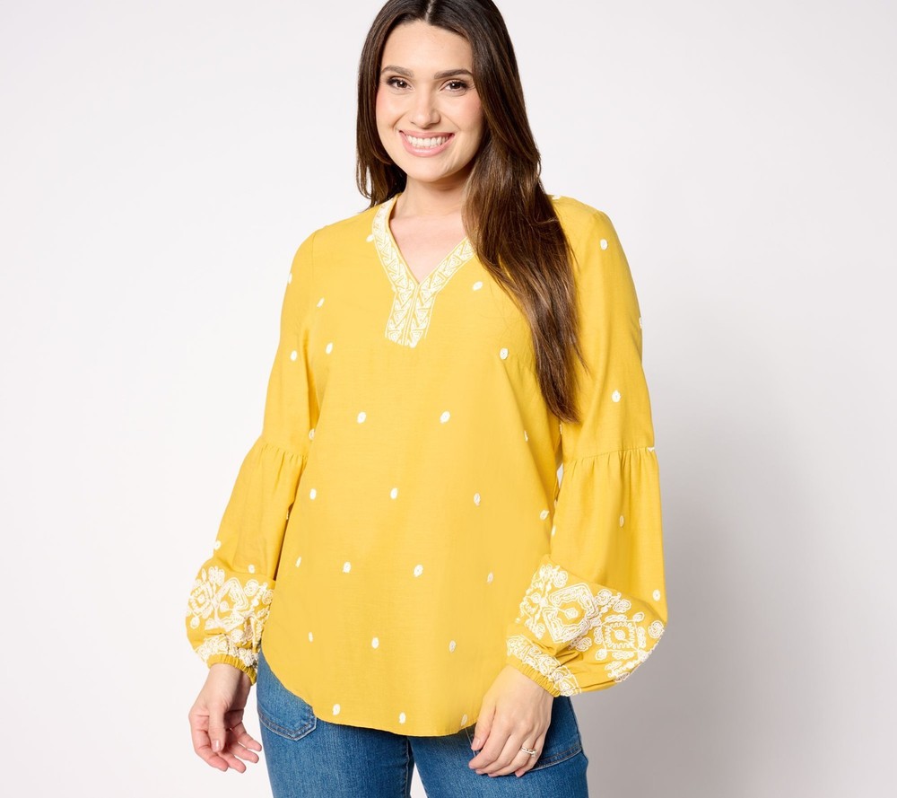 Belle by Kim Gravel Women's Top Sz M Boho Frayed Knot Embroidered Yellow A652501
