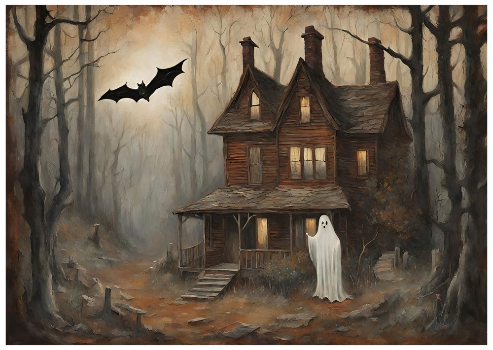 Haunted House Ghost Wall Art Poster - Spooky Forest Scene Home Decor