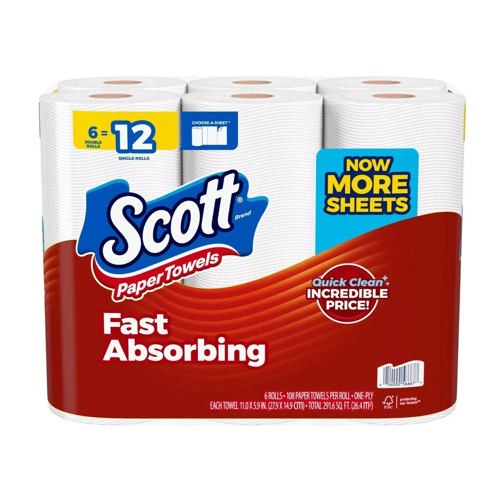 Scott Paper Towels, Choose-A-Sheet, 6 Double Rolls = 12 Regular