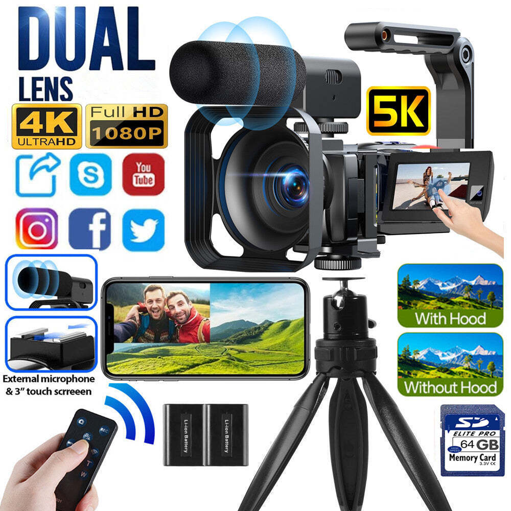 5K Video Camera 56MP Dual Lens WiFi Digital Camera Camcorder Night Vision +64GB