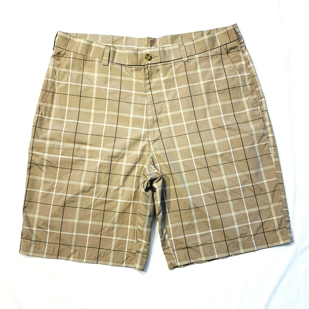NEW PGA Tour Shorts Mens 36 Beige Plaid Chino Flat Front Golf Outdoor 10
