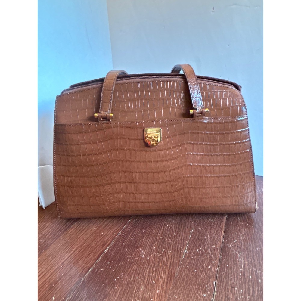 Etienne Aigner Cognac Brown Croc Embossed Leather Shoulder Bag Vintage Satchel