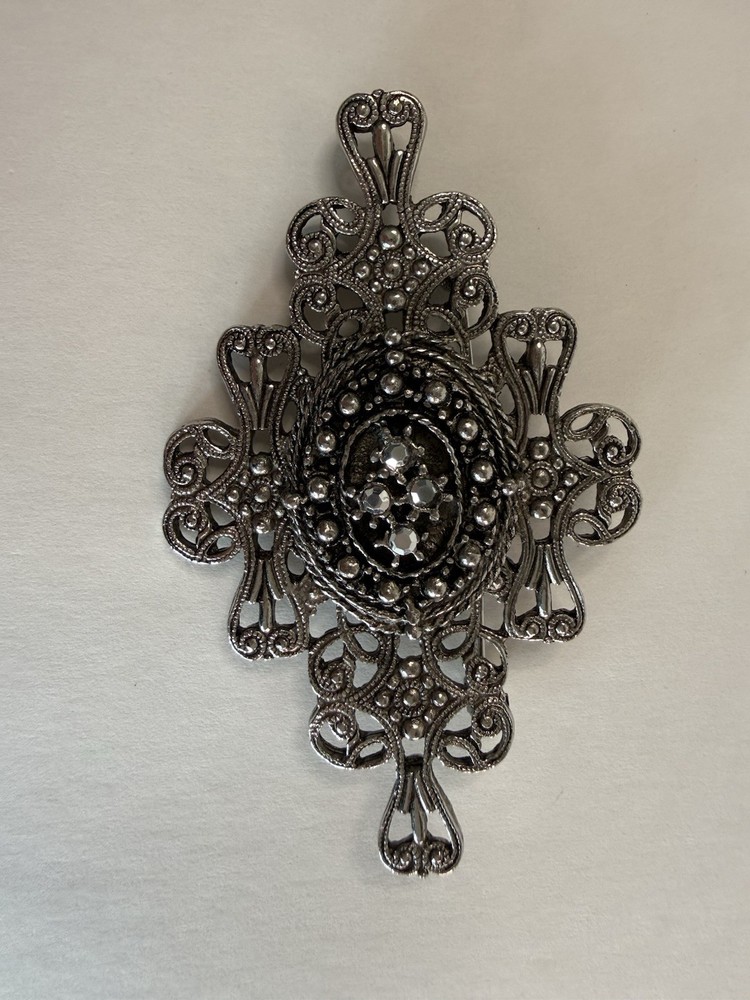Vintage Style Silver Tone Filigree Faux Marcasite Rhinestone Cross Brooch Pin
