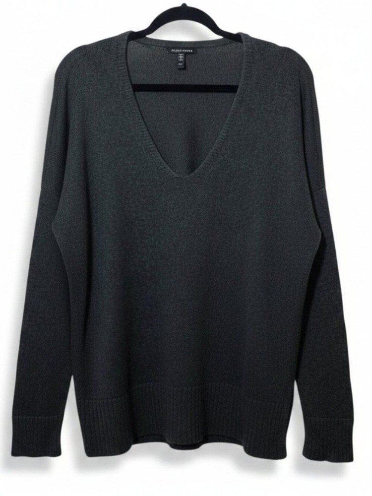 Eileen Fisher Charcoal V-Neck Sweater Medium Organic Cotton/Tencel Knit